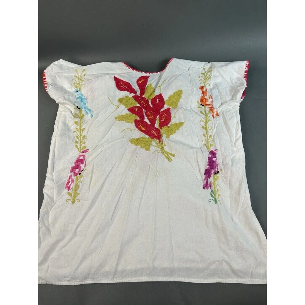 Hand Embroidered Mexican Bird Floral Tunic Blouse White Cotton Boho Folk Est Lg
